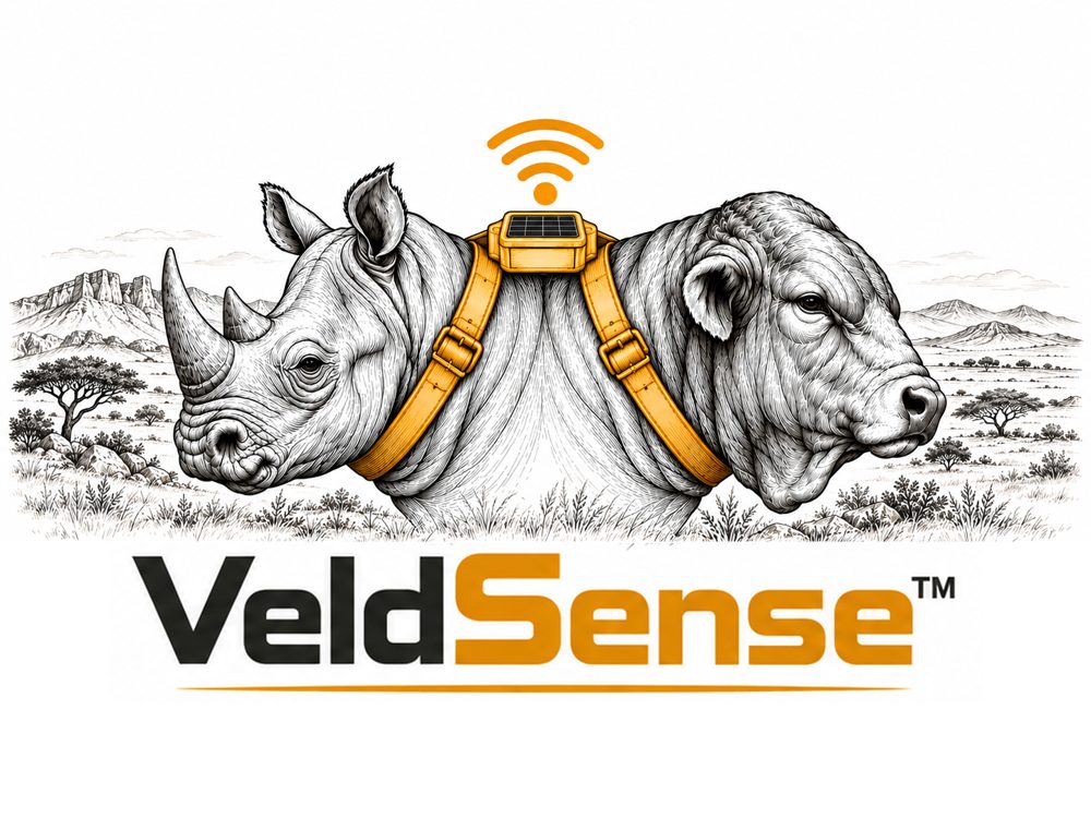 VeldSense logo: renoster en bul met 'n sonkrag-halsband